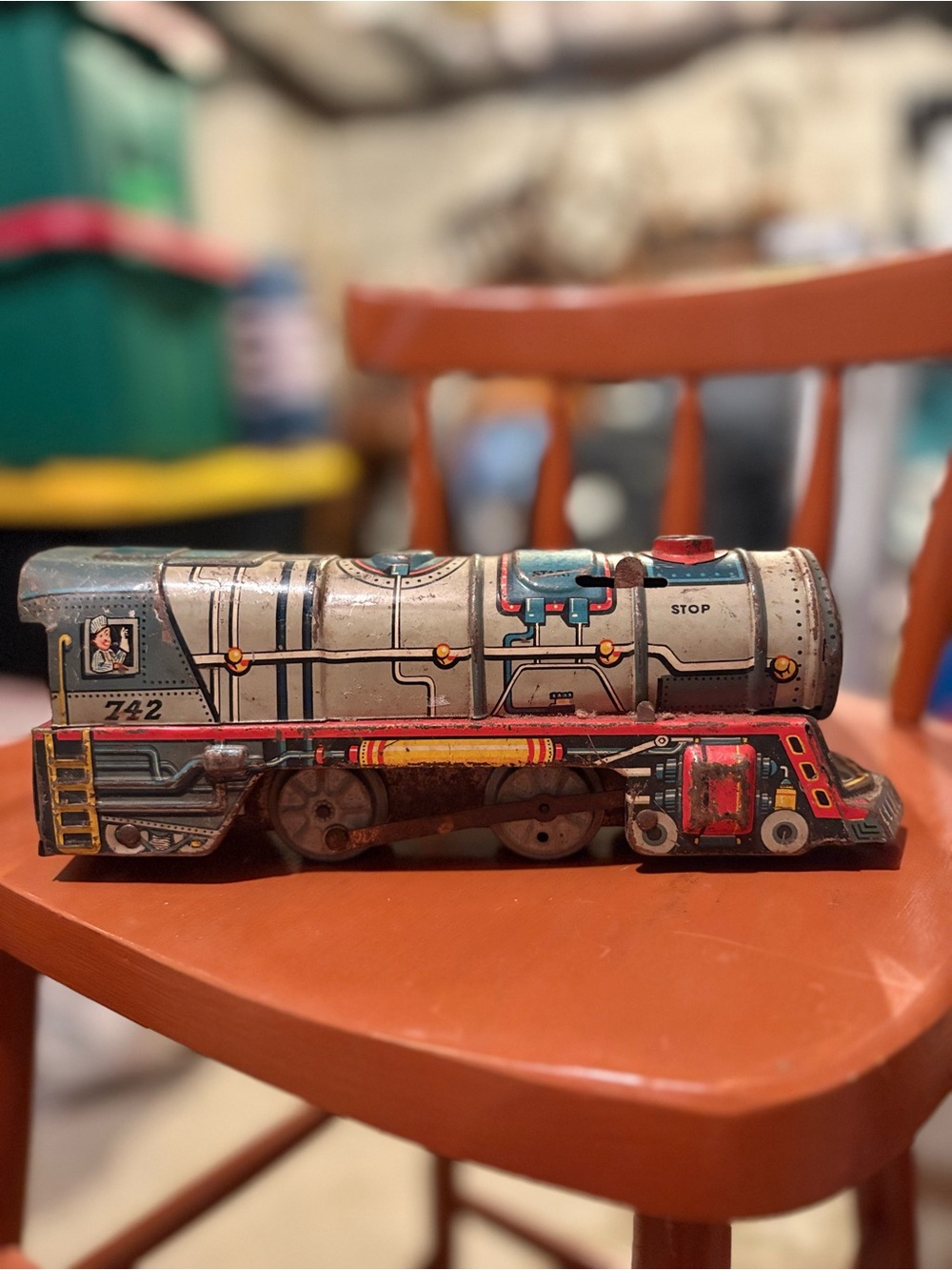 Unique Art Vintage Tin Toy Steam Locomotive - Red and Silver